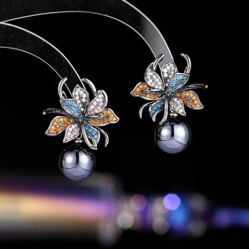 Elegant Temperament Pearl Flower Earrings S925 Silver Needle Micro Pave CZ Stone Gold Plated Wedding Bridal Dangle Jewelry