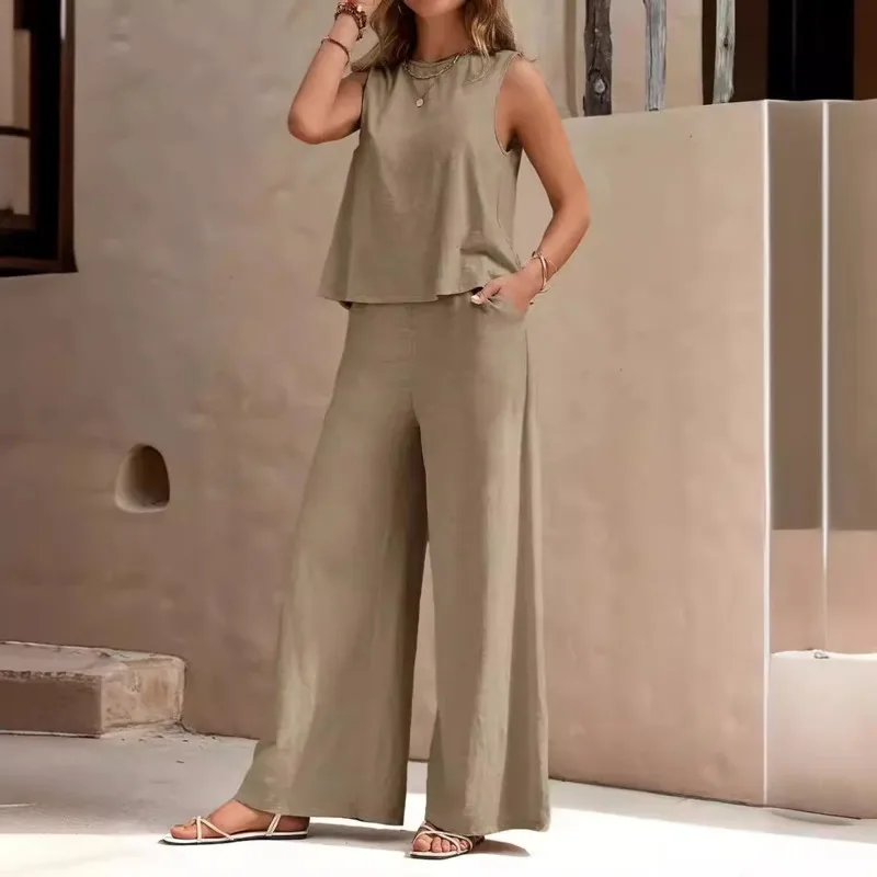Round Neck Top and Wide Leg Pants Set
