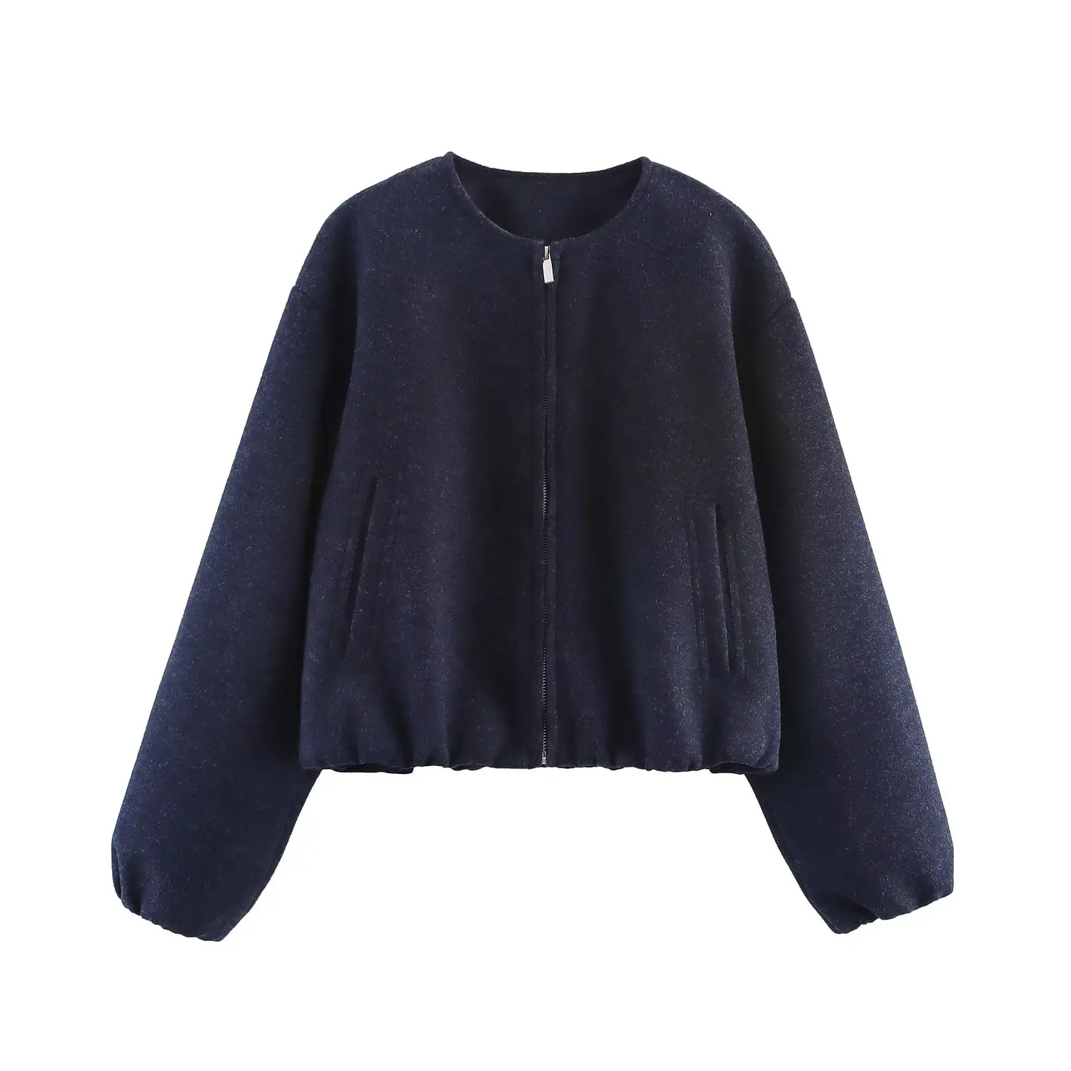 Women Fashion Short Jacket Coat Autumn And Winter New Retro O-Neck Long Sleeve Jacket Elastic Hem Zipper Soft Women'S Outerwear