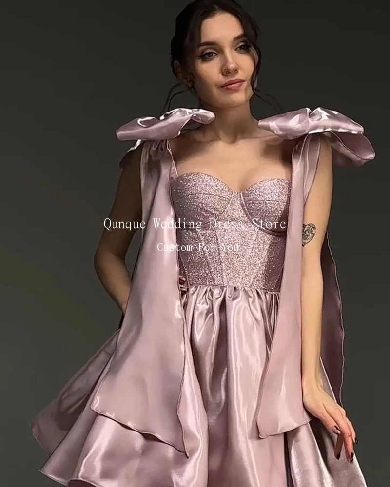 Qunque Shiny Satin Cocktail Dress Bow Straps Short A Line Corset Homecoming Dresses Vestidos Para Eventos Especiales