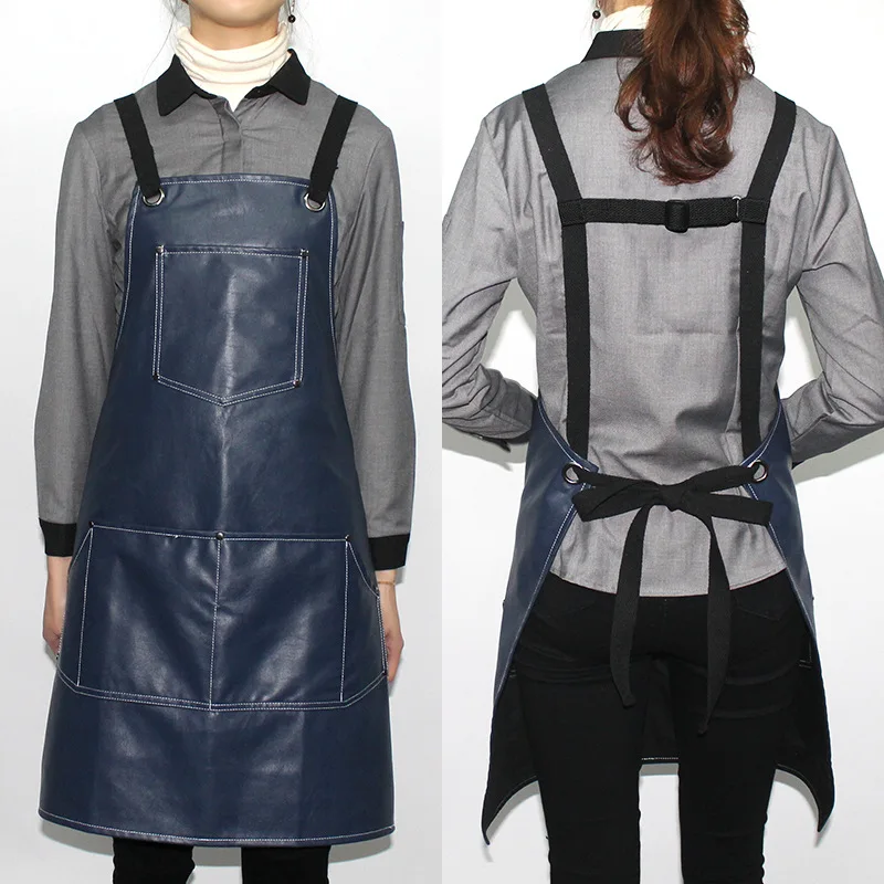 Waterproof PU Soft Leather Apron for Catering Hairdressing and Beauty Service Staff H Shoulder Strap Work Apron