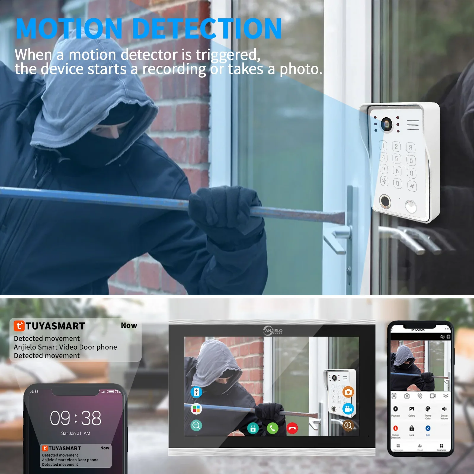 ANJIELO Fingerprint 5in1 Unlock Doorbell Video Intercom System for Home Visual D