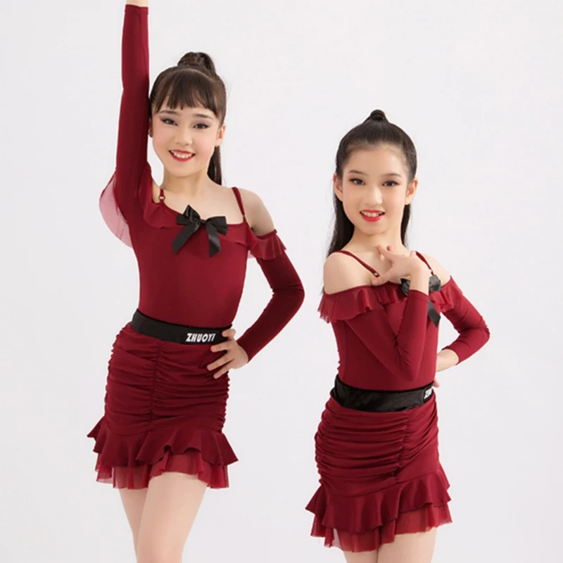 

Kid Practice Clothes For Girls Latin Dance CompetitionCostumes Red Long Sleeved Latin Top Skirt Stage Performance Wear SL9696