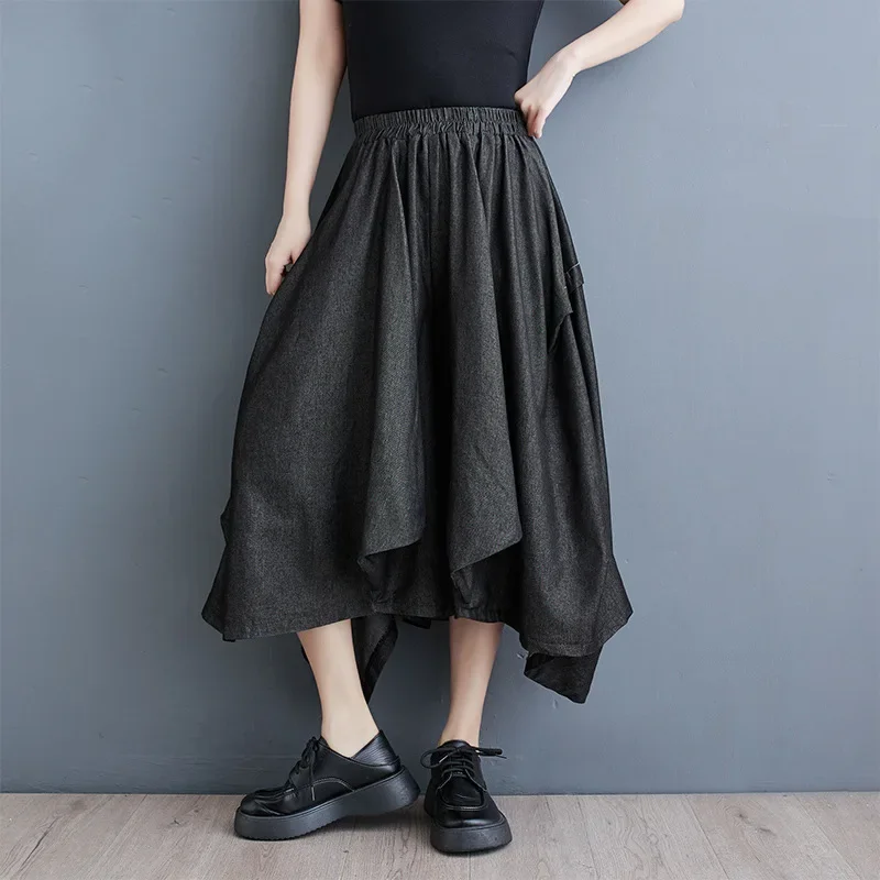 Summer New Loose Wide Leg Jeans Skirt Women's Special Wide Asymmetrical Skirt Tencel Material Comfortable Fit Chinese Style Pant