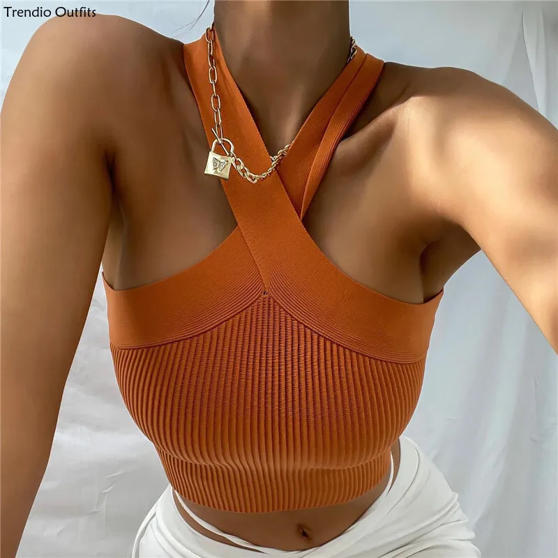 

20234 Cross Necked Knitted Camisole Small Tank Top, Backless Tight and Slimming Bandage, Strapless Top Cropped for Women Sexy