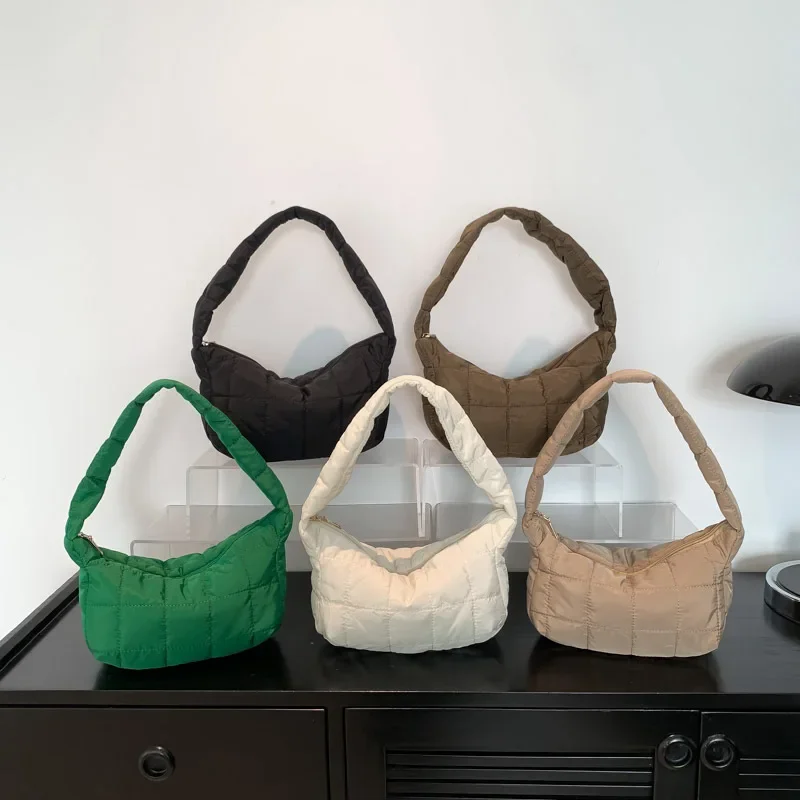Puffer Quilted Shoulder Bag Plaid Embroidery Underarm Tote Purse Retro Padded Hobo Handbag for Women Daily Use Work Travel Party