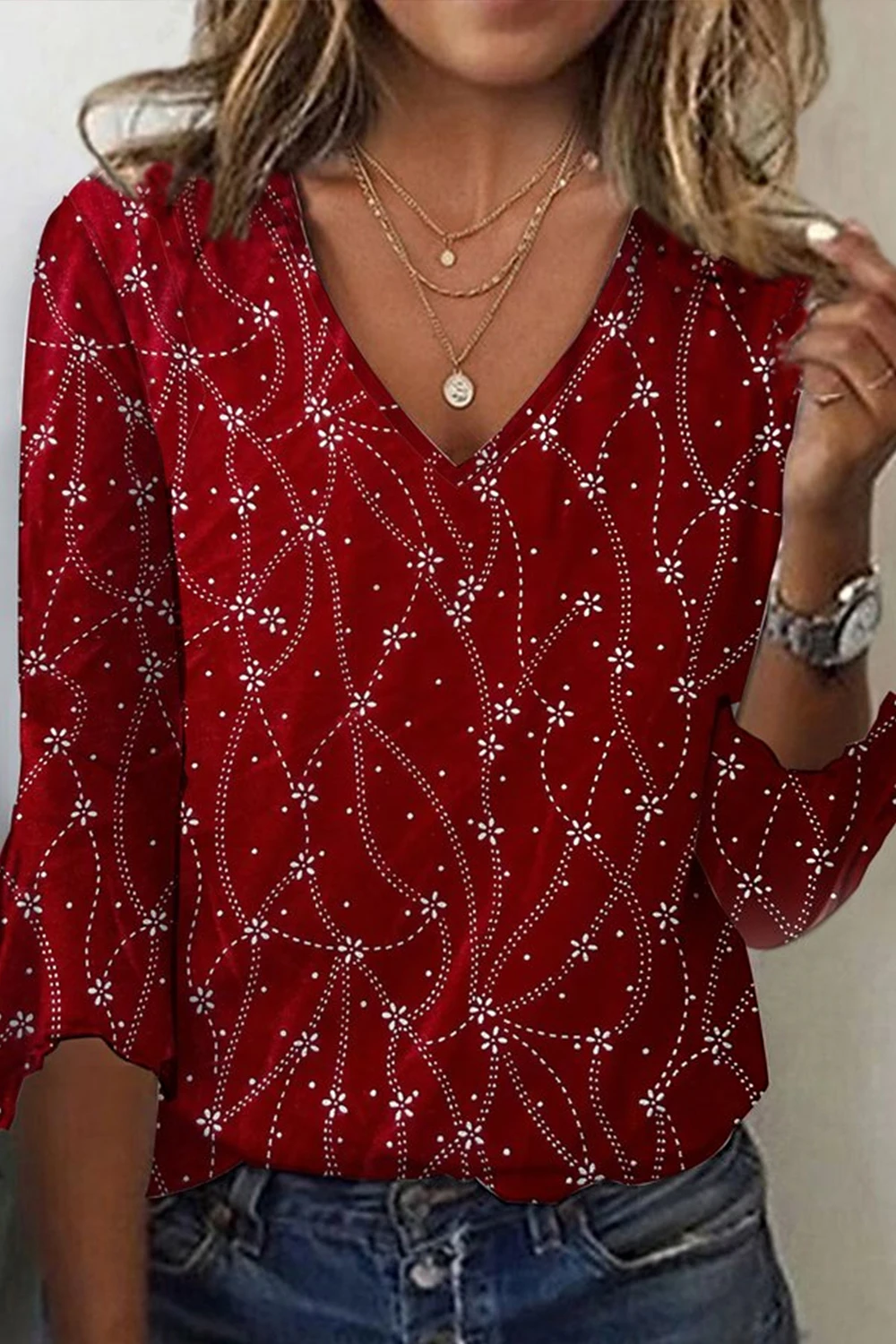Flycurvy Plus Size Christmas Red Disty Floral Print 3/4 Flare Sleeve Blouse