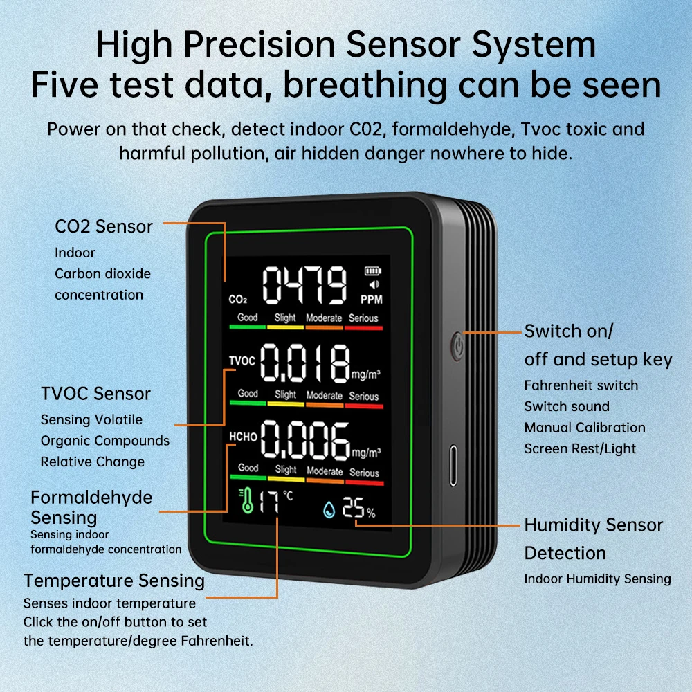 5 in 1 Digital Air Quality Monitor CO2 HCHO TVOC Humidity and Temperature Monitor CO2 Tester LCD  Household Air Quality Tester - 3
