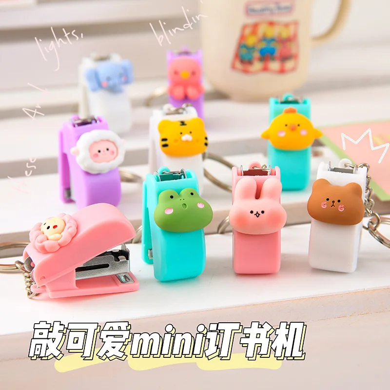 

1PC Cute Cartoon Mini Stapler Key Chain Kawaii Bear Rabbit Student Creative Stapler Convenient Key Ring Pendant