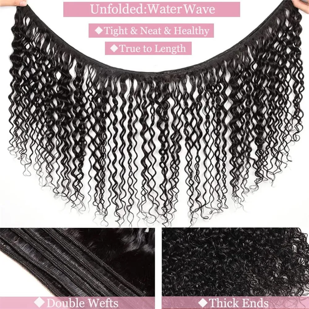 BAFU Brazilian Water Wave Human Hair Bundles With Closure 3 Bundles With 4X4 Lace Closure Natural Color For Black Women