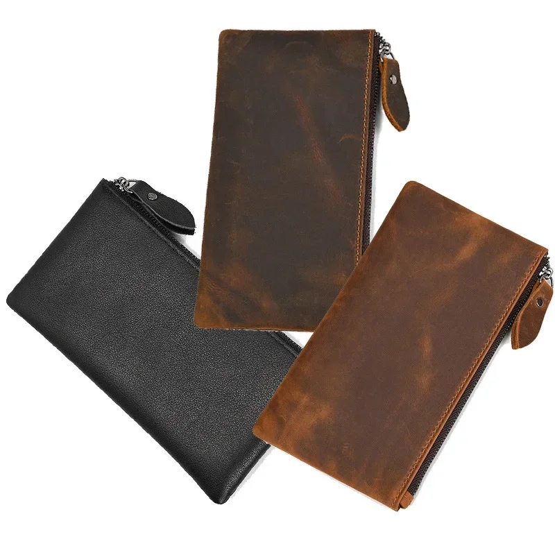 Vintage Crazy Horse Leather Men's Long Wallet with Large Capacity Zipper Phone Pocket Women's Clutch Bag