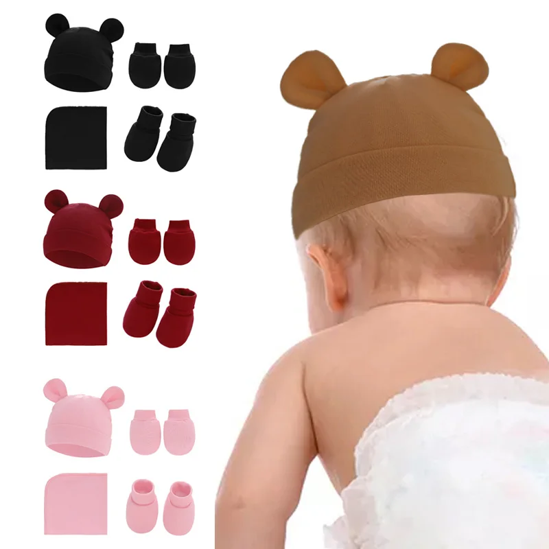 

4pcs Set Newborn Baby Hats Gloves Foot Cover Shower Gifts Solid Color Stretchy Infant Warm Cap For 0-1y Children Hospital Hat