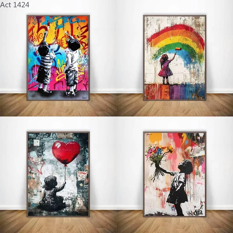 Poster e Stampe di Disegni Astratti per Bambini, Arte Graffiti di Banksy, Dipinto su Tela, Quadro da Parete per Soggiorno e Arredamento Casa
