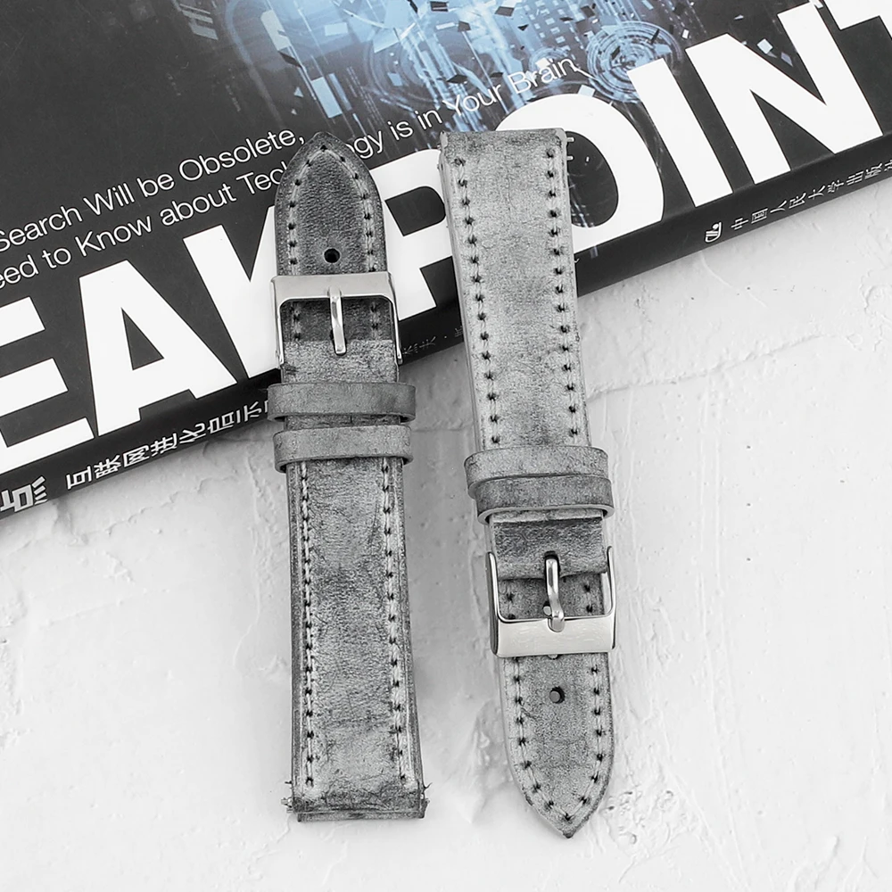 Oil Wax Leather Watch Strap 16mm 17mm 18mm 19mm 20mm 23mm 24mm Retro Watchband Grey White Handmade Watchband Accessories