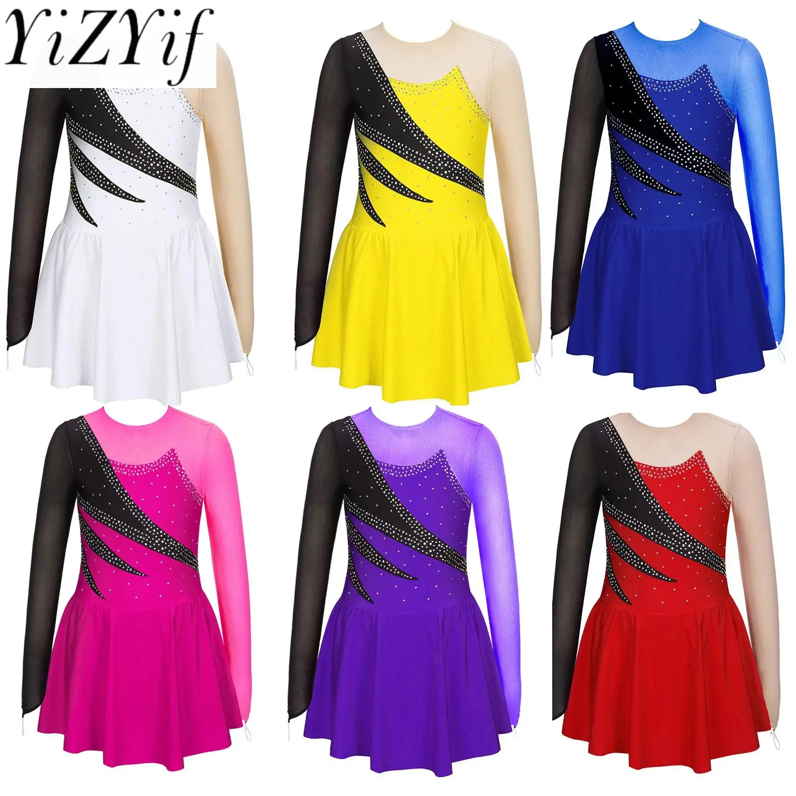 

Kids Girls Figure Skating Dance Dress Long Sleeve Shiny Rhinestone Mesh Ballet Gymnastics Leotard Dresses Competition Dancewear