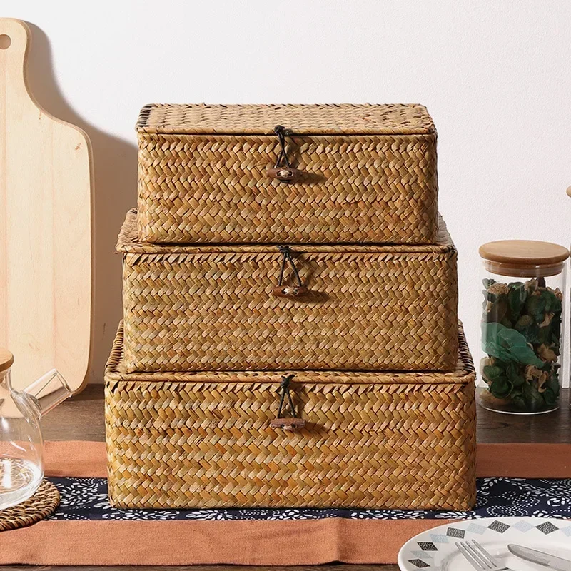 

With Organizer Bath Towel Basket Lid Handmade Woven Finishing Container Storage Closet Box Seaweed Cosmetic Sundry