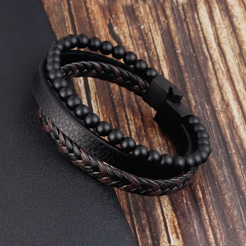 Leather Bracelet Beaded Bracelet Stone Bracelet Men Classic Fashion Leather Bracelet Obsidian Beaded Multi Layer For Men Jewelry Gift