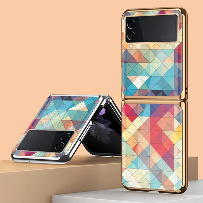 

Z Flip 4 Funda Case for Samsung Galaxy Z Flip 3 4 3 2 1 Color Squares Plating Tempered Glass Coque Protection Phone Case Cover