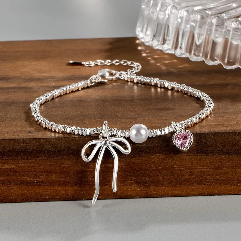 Silver Color Bowknot Pink Zircon Love Heart Bracelet for Women Fashion Sweet Chain Wedding Party Jewelry Gift