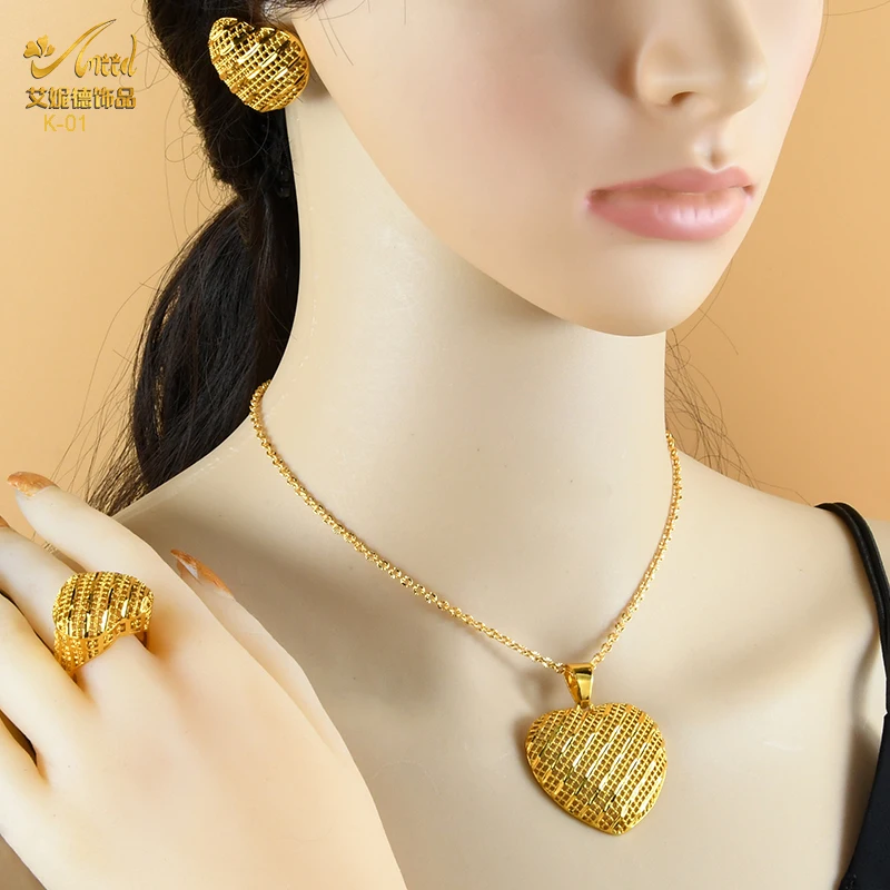 ANIID 24K Gold Plated Indian Necklace Earrings Ring Jewelry Sets For Women Hawaiian Middle East Wedding Banquet Gifts Wholesale
