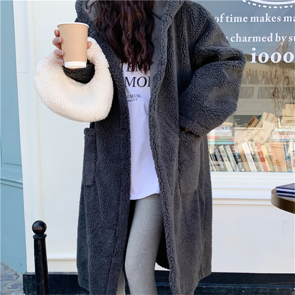 

Alien Kitty Hooded Lamb Wool Maxi Coats Loose Women Winter Gentle Warm Chic Thicken Slim New Trench Casual Office Lady Vintage