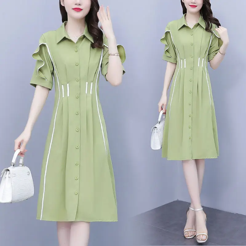 

Fashion Lapel Button Spliced Folds Ruffles Shirt Dress Women's Clothing 2024 Summer New Loose Short Sleeve Commuter Midi Dress