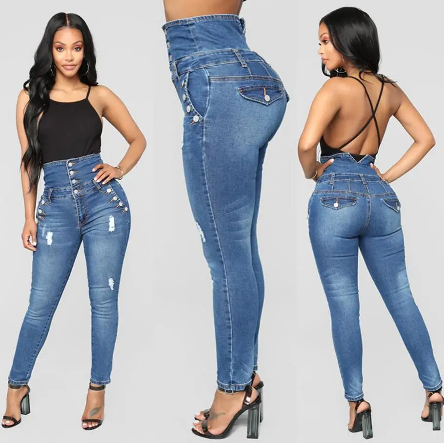 

2023 New Ladies Slim Jeans Women Fashion Hole Denim High Waist Jeans Buttons Femme Pant Elastic Skinny Pencil Pants