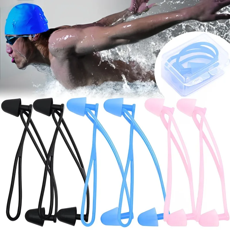 Swimming Earplugs Silicone Waterproof Noise Reduction Sleeping Swimming Bath Protection Earplugs with Lanyard Swimming Tools