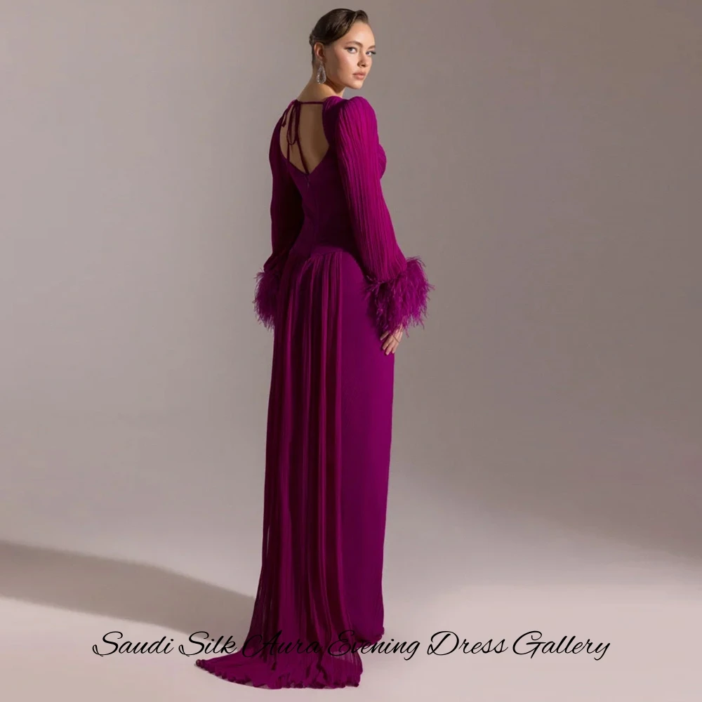 Anmutiges Chiffon-Abendkleid mit langen Ärmeln, zartes, maßgeschneidertes Abendkleid mit Federn, modernes Schatz-Vestido De Noche – Detail 6