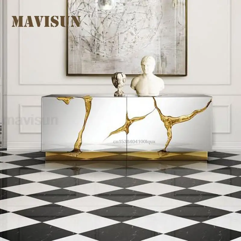 Luxury Metal Sideboard Villa Stainless Steel Porch Table Glossy Living Room Floor Storage Cabinet Post-Modern