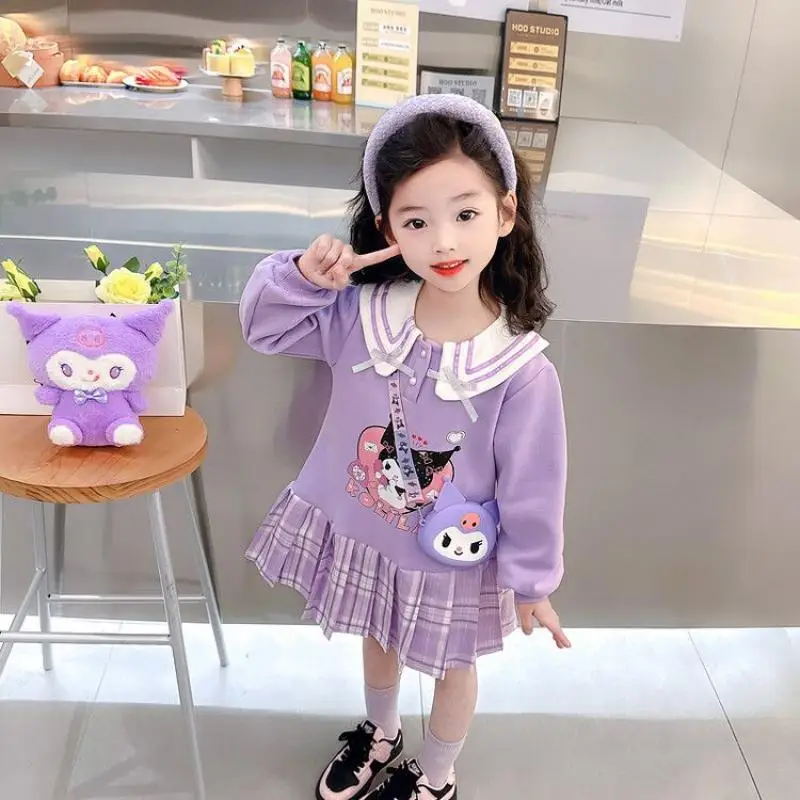 Vestido de princesa Sanrio Kawaii infantil, saia plissada anime, tops de pelúcia, Kuromi, moda fofa, estilo universitário, novo, primavera, 2022