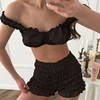 Pyjama sexy en satin HiLoc pour femme, ensemble 2 pièces avec débardeur court et short à taille élastique froncé, tenue d'intérieur unie pour femme