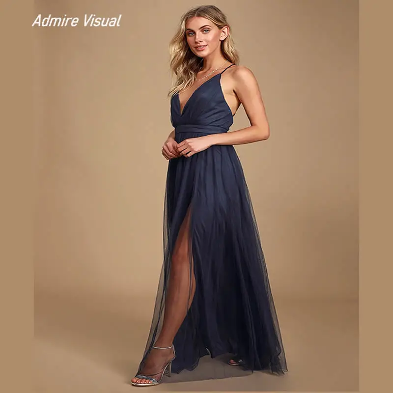 

Платья для подружек невесты, ТРАПЕЦИЕВИДНОЕ Тюлевое платье с глубоким V-образным вырезом, открытой спиной, драпировкой и разрезом, индивидуальный пошив, большие размеры, Vestido-De-Fiesta