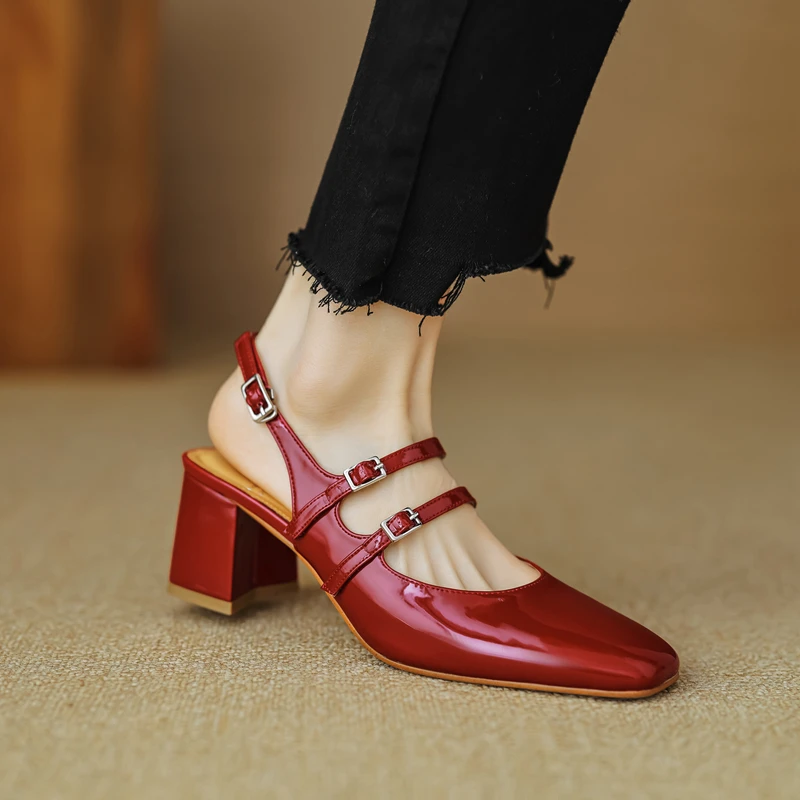 Small Size 33 34 Spring Summer Classics Covered Toe Mary Janes Pumps Womens Split Leather Double Buckle Strap Slingbacks Sandals
