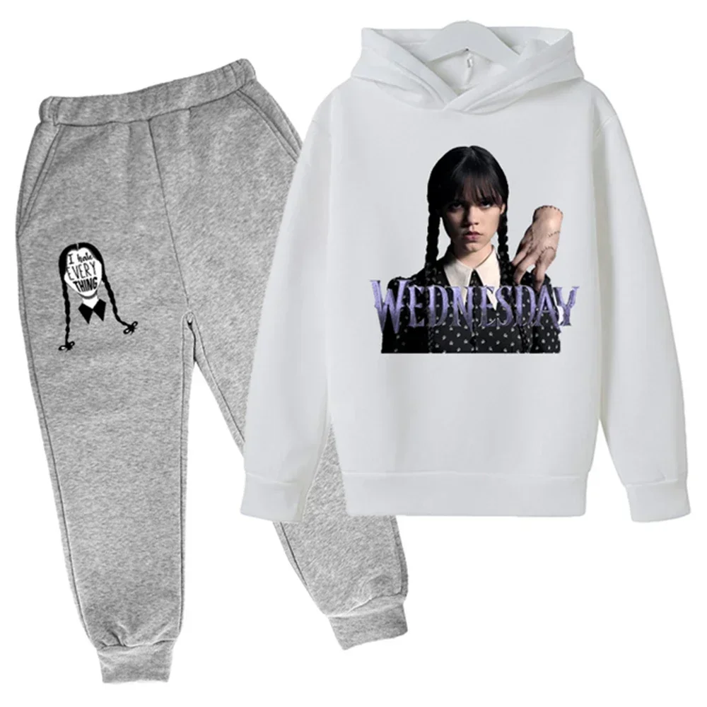 thumbnail image 1 of Nueva sudadera con capucha y pantalones de primavera y otoño de Wednesday Addams para niños, 2 piezas, trajes de 2 a 14 años, ropa de calle para niños y niñas, ropa de bebé para niños, 1 of 5