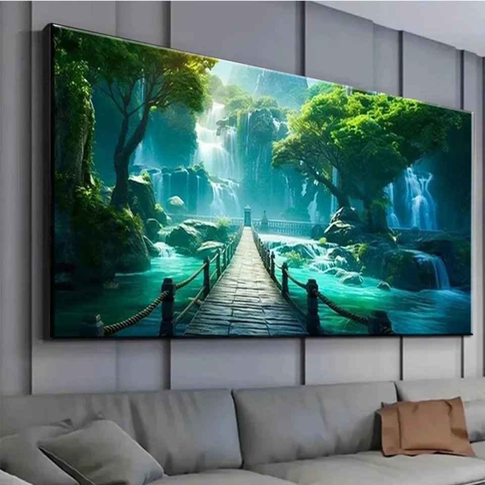 Large Size 5D DIY Diamond Painting Green Tree Waterfall Full drill Diamond Mosaic Wood Bridge Landscape Embroidery