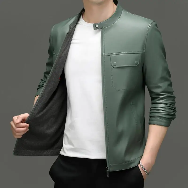 

Зимняя мужская кожаная куртка высокого качества, мотоциклетная куртка на молнии с воротником-стойкой, ретро зеленая модная повседневная кожаная куртка
