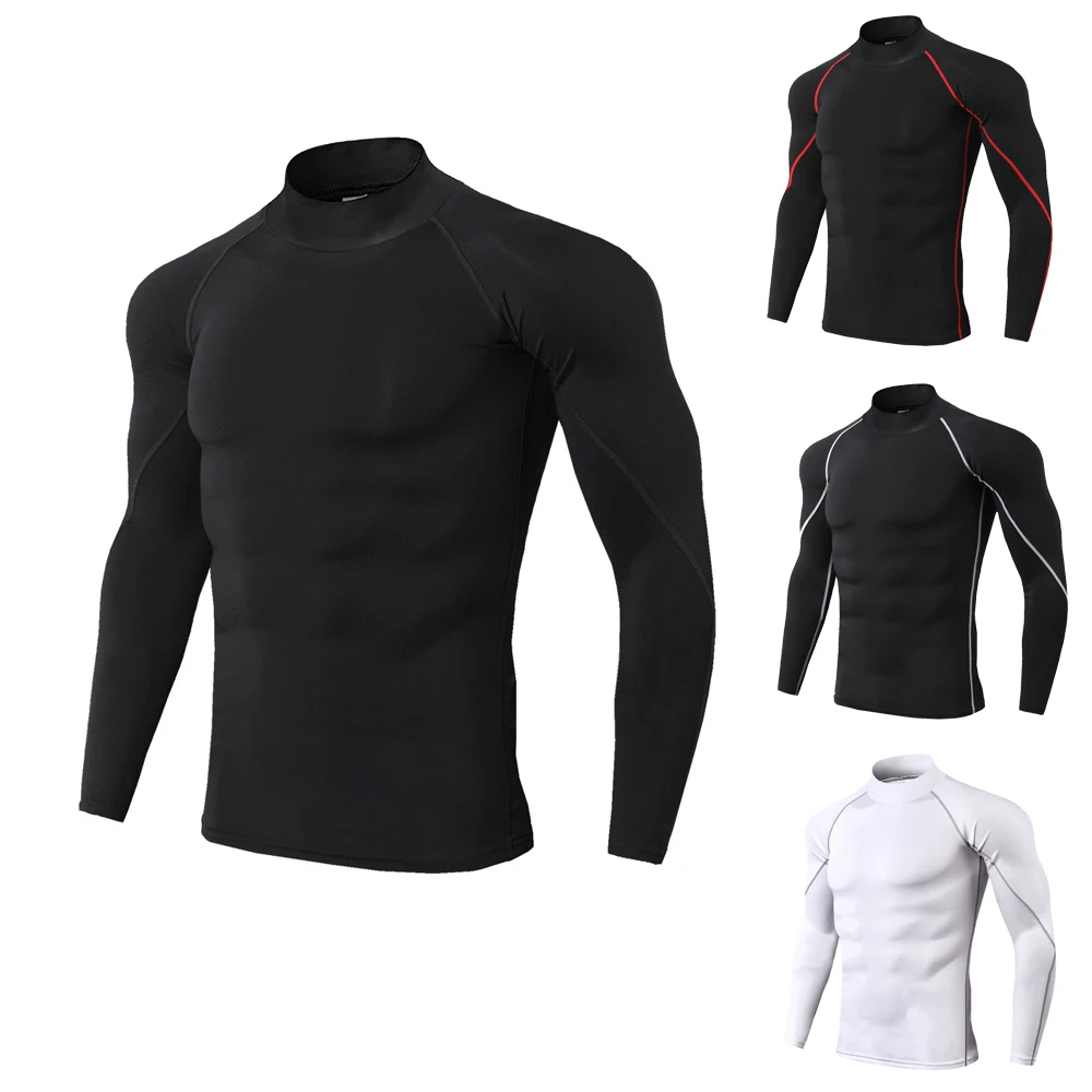 

High Neck Tight Sport t Shirt Long Sleeve Men Fitness Dry Fit Rashgard Gym Compression Cloth Jogging Running Fitness Top Tee