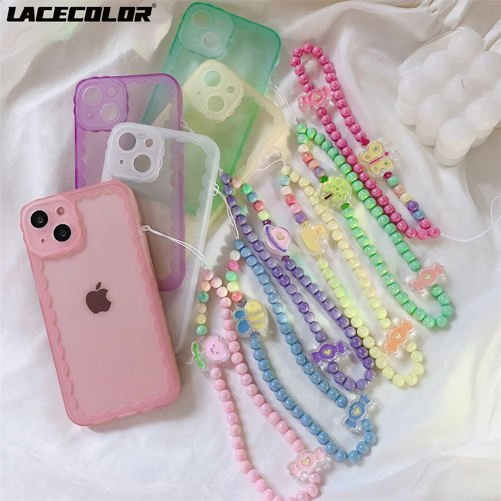 Colorful Beads Strap Hang Phone Charm Clear Cases For iPhone 13 12