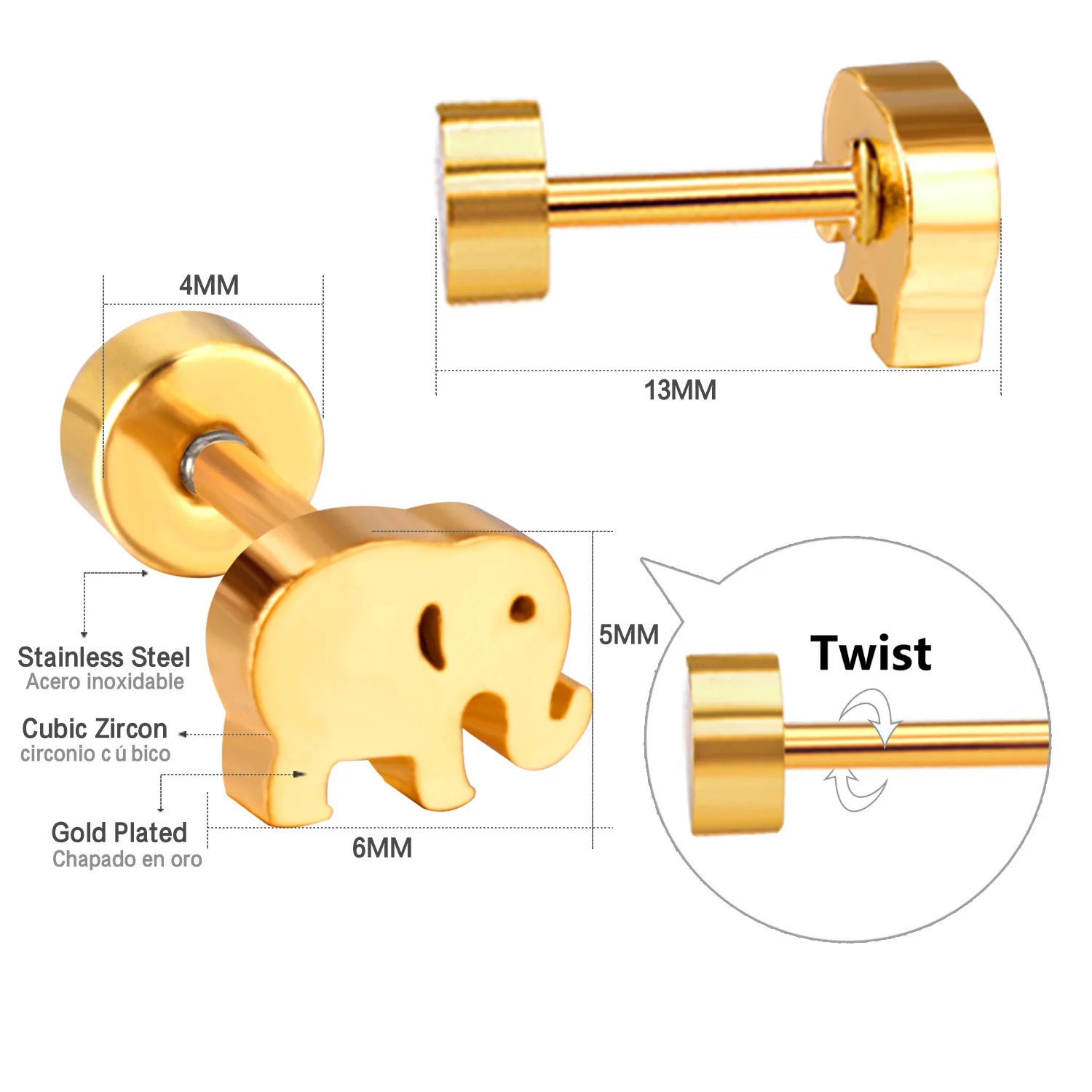 Minimalist Fashion Cute Animals Elephant Stud Earrings For Women Baby Girl Gold Color Stainless Steel Anti-allergy Jewelry 6