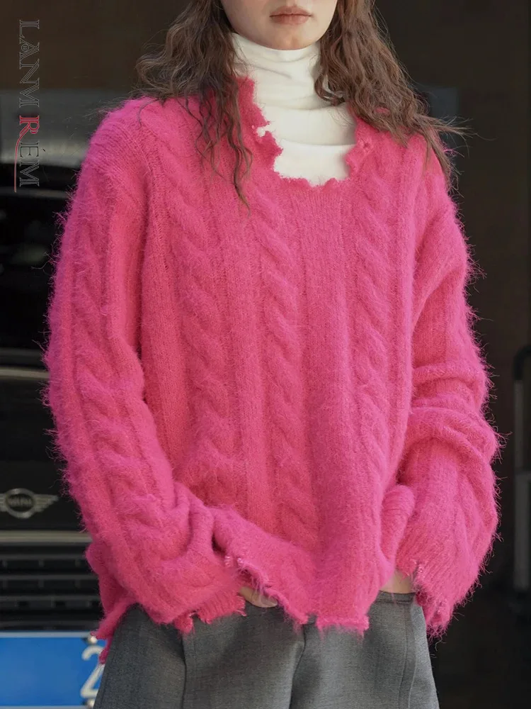 

LANMREM Vintage Wool Knitted Sweater Women Irregular Collar Loose Solid Color Pullovers Fashion 2023 Winter New Clothing 2AA3636