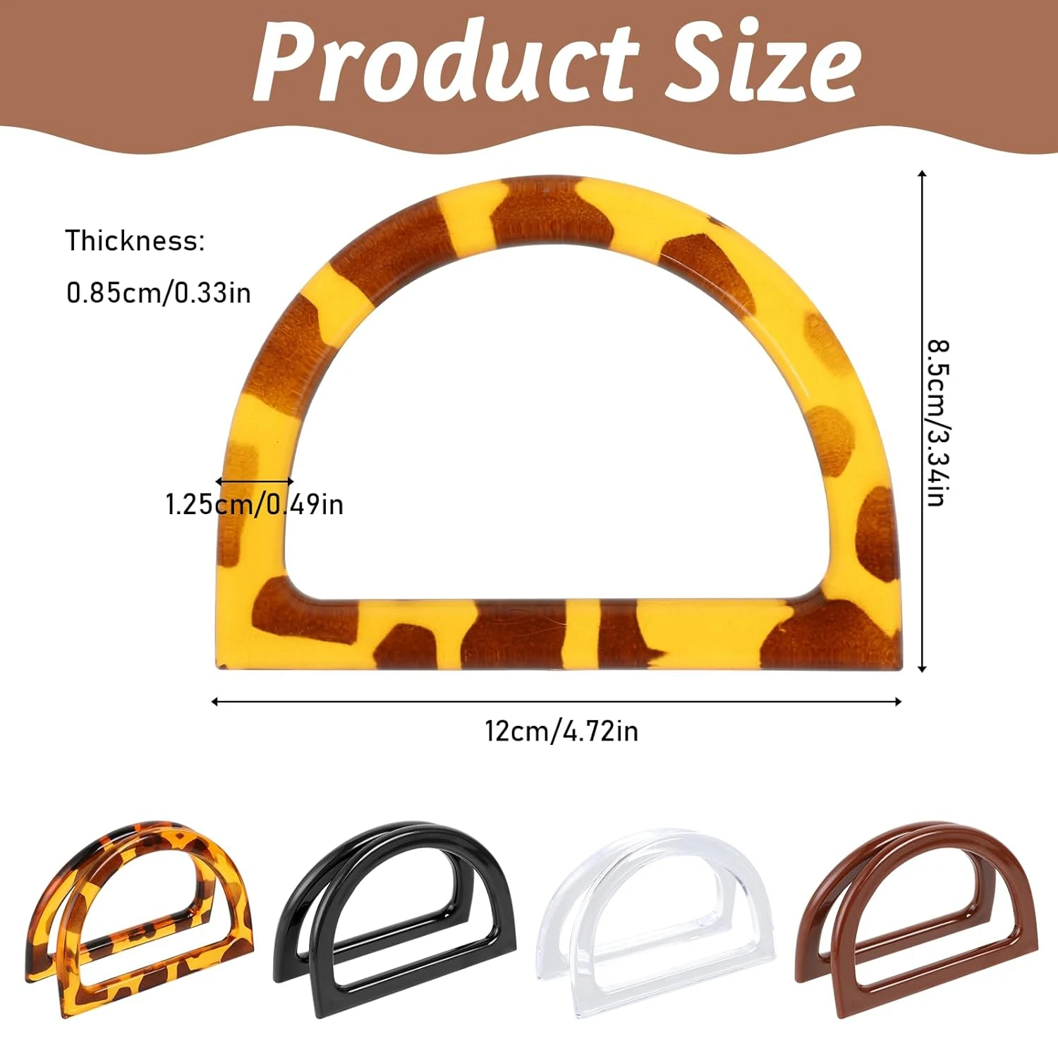 8 Manici Per Borse A Forma Di D - Assortiti In 4 Colori (Trasparente, Nero, Marrone, Leopardo) - Accessori Fai Da Te Per Sostituzione Manici Borsa