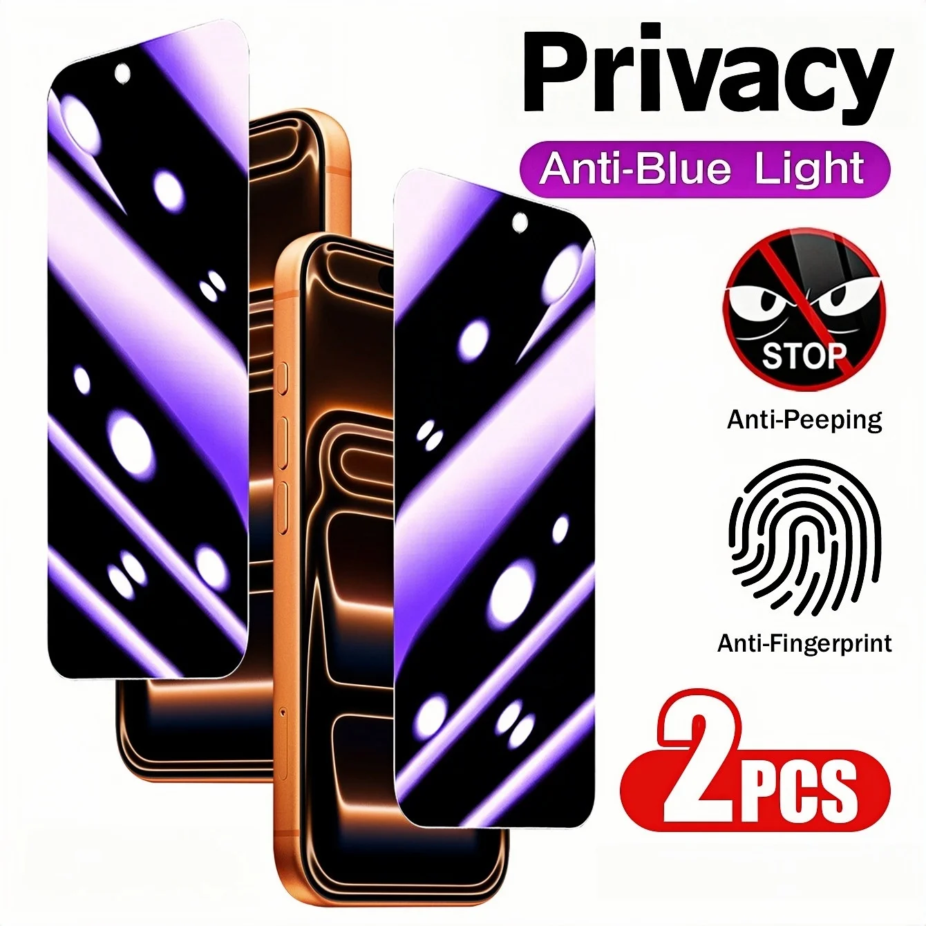 2-Pack Anti-Blue Light Privacy Tempered Glass Screen Protector, Compatible with iPhone 17 Pro Max/16 Pro/15 Pro Max/15 Pro/14/13