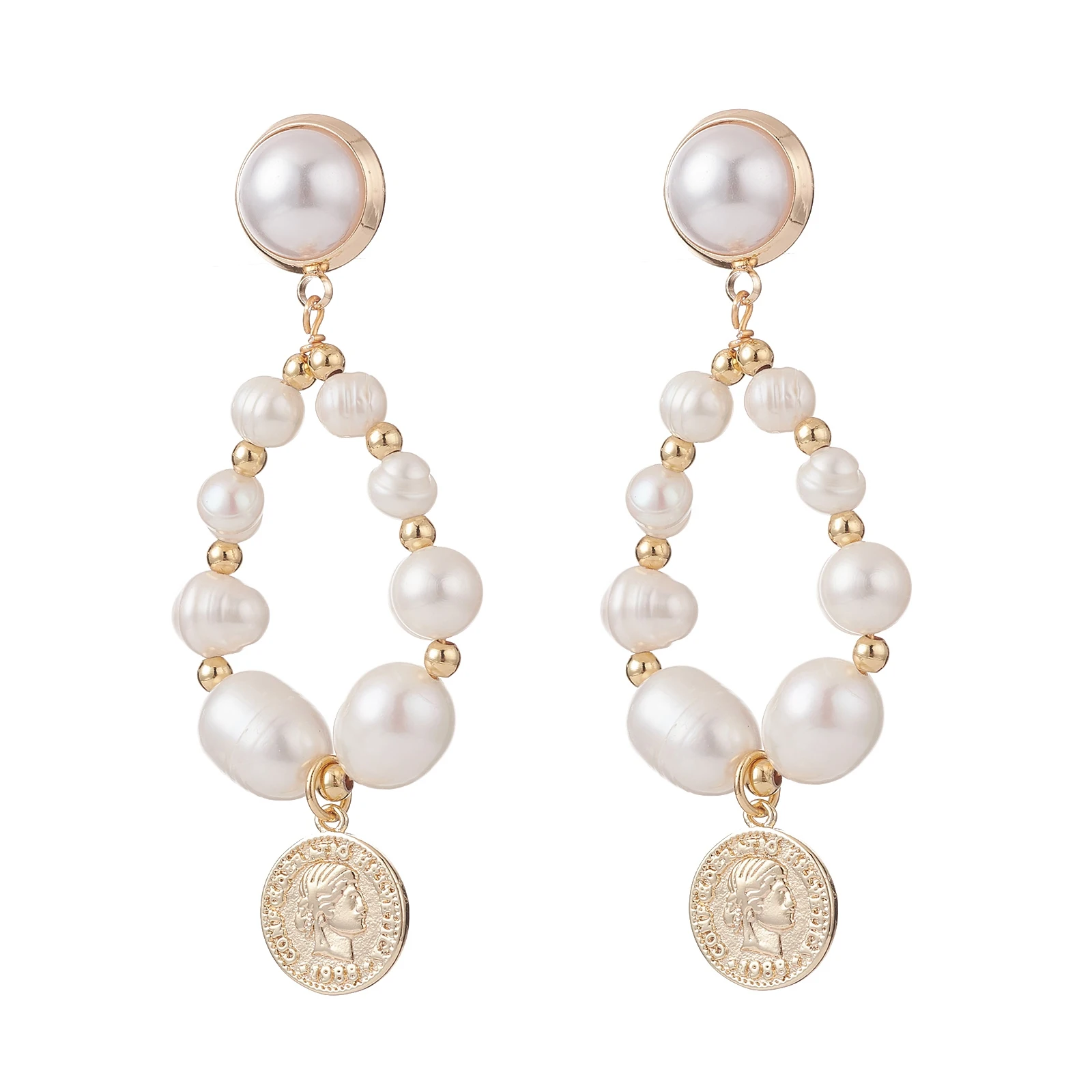 

Kissitty 3 Pairs Natural Pearl Drop Earrings For Women Teardrop With Elizabeth Coin Charm Dangle Stud Earring Jewelry Findings