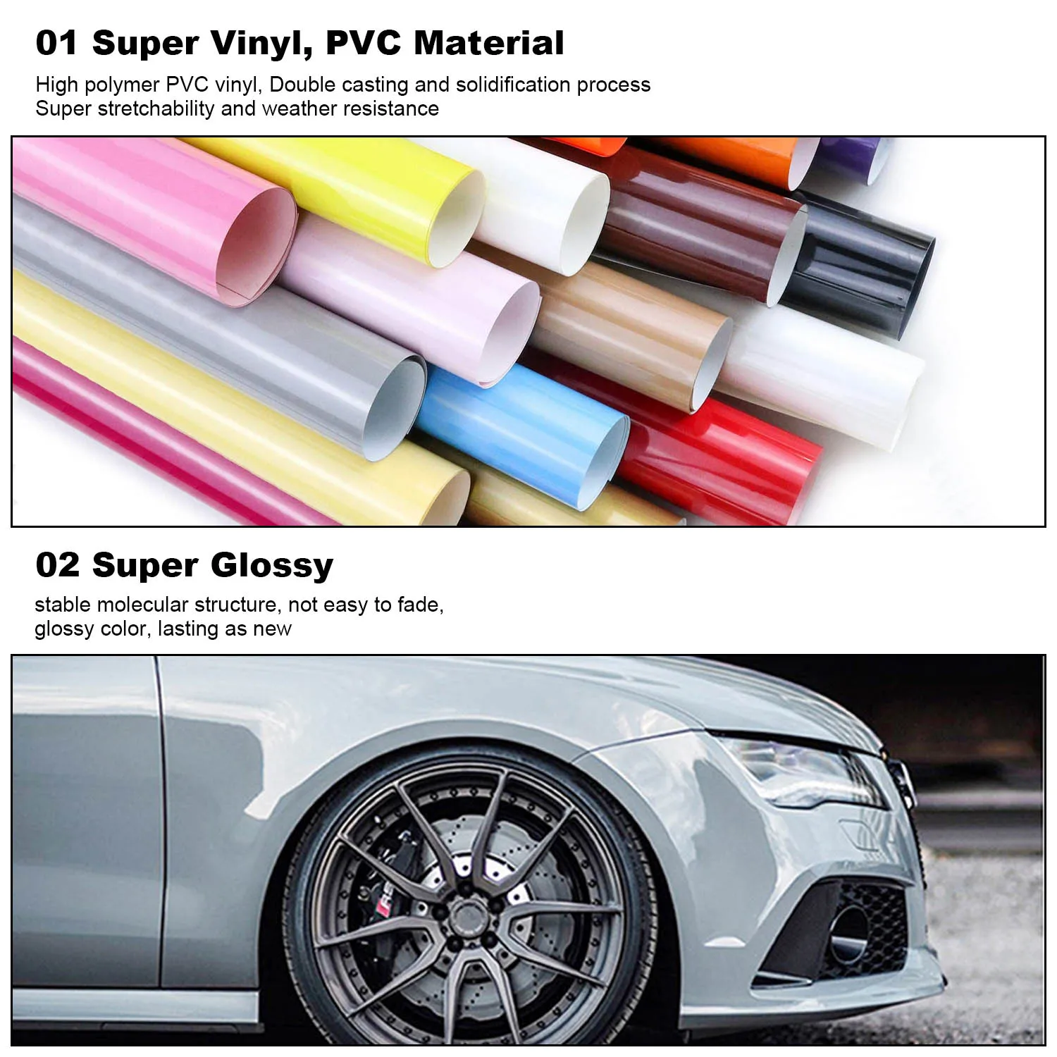 5X59 FT PET Ultra Gloss Car Vinyl Wrap Air Release Bubble Free Film Automotive Vehicle DIY Decal Sticker Sheet Black White