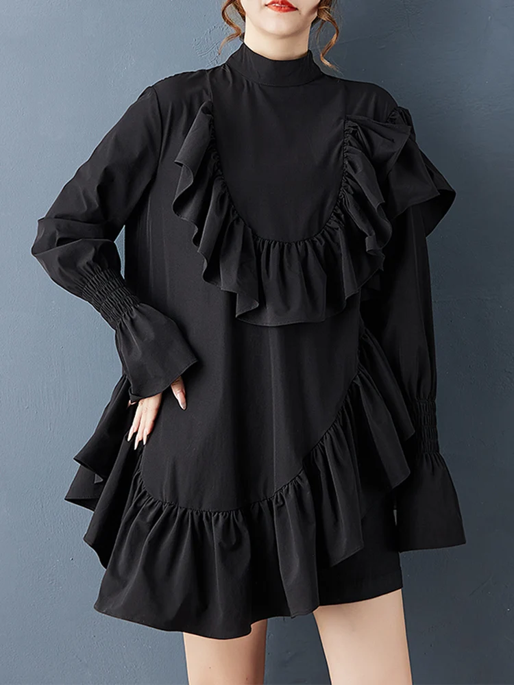 Women Ruffles Irregular Oversized Blouse New Stand Collar Long Sleeve Loose Casual Shirt Top Fashion Clothing Spring Autumn 2025