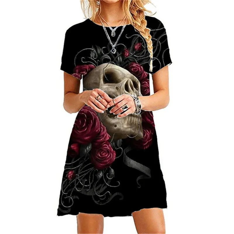 2022 Woman Party Dresses Halloween 3D Skull Rose Flower Print