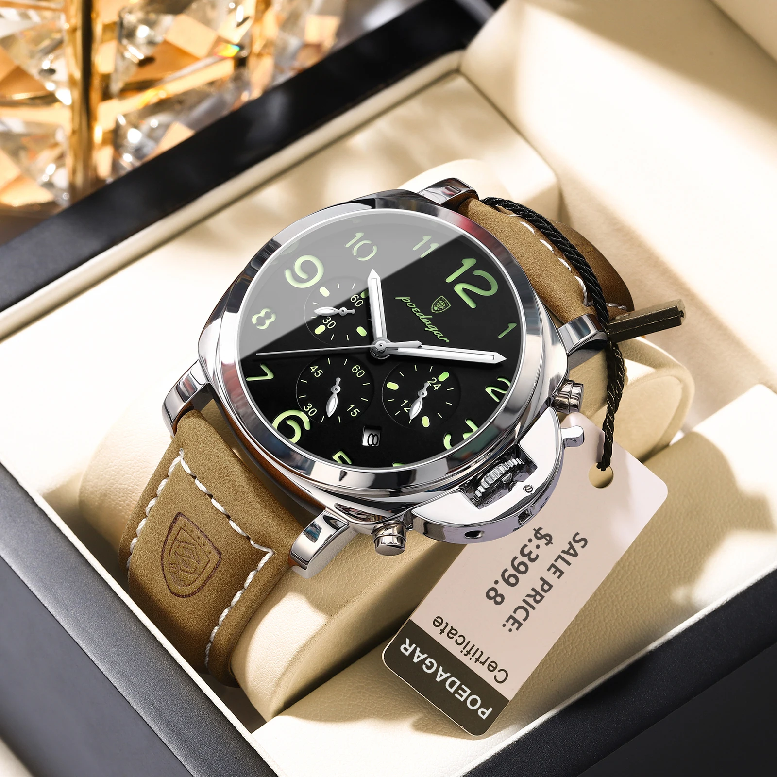 Orologio Uomo Militare Cronografo Al Quarzo - Cinturino In Pelle, Impermeabile 3 ATM, Con Datario - Regalo Con Scatola - 2