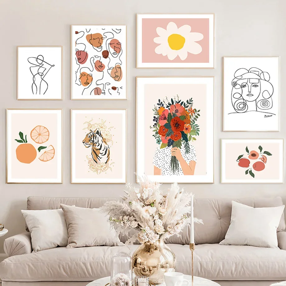 

Girl Flower Line Face Tiger Lemon Boho Wall Art Canvas Painting Nordic Posters And Prints Wall Pictures For Living Room Decor