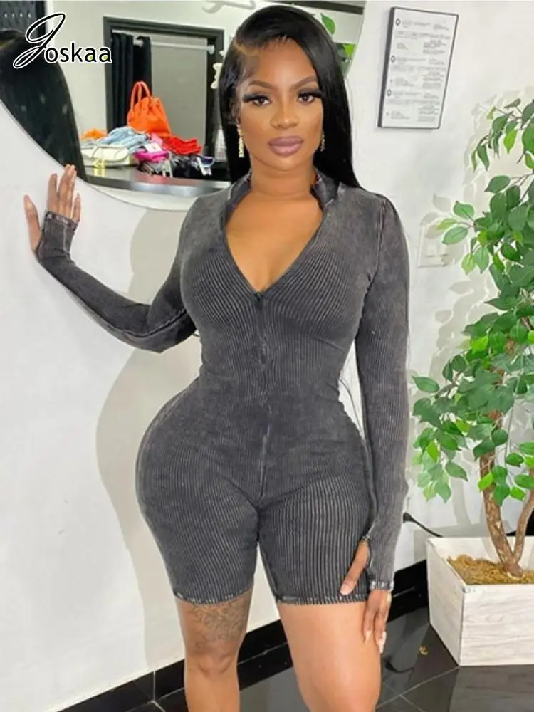 

Joskaa Knitted Ribbed Solid Playsuits Women Casual Zipper Long Sleeve Slim One Piece Rompers 2023 Fashion Overalls Sportswear